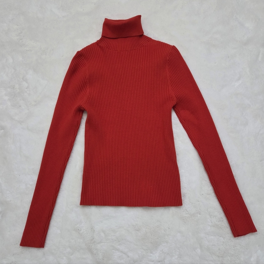 Red Turtleneck Ribbed Sweater
